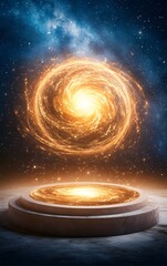 Wall Mural - a podium placed in a celestial environment, orbiting a glowing planet with cosmic energy swirling ar