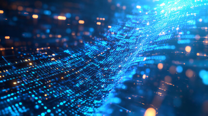 Poster - abstract blue color digital particles wave with bokeh and light background