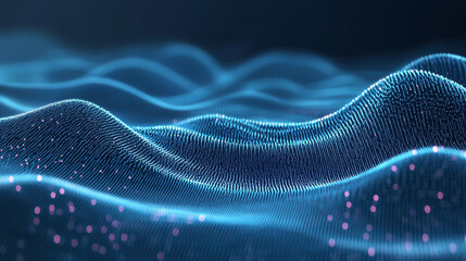 Poster - abstract blue color digital particles wave with bokeh background