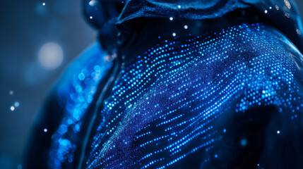 Poster - Abstract blue color digital particles wave with bokeh background
