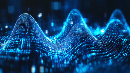 Poster - Abstract blue color digital particles wave with bokeh background