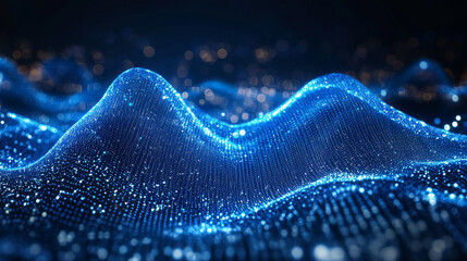 Poster - Abstract blue color digital particles wave with bokeh and light background