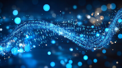 Poster - Abstract blue color digital particles wave with bokeh and light background