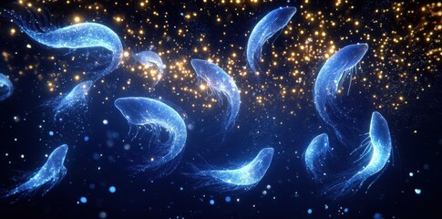 Wall Mural - glowing blue creatures swim through dark space amongst shimmering sparkles