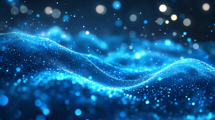 Poster - Abstract blue color digital particles wave with bokeh and light background