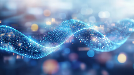 Poster - Abstract blue color digital particles wave with bokeh and light background