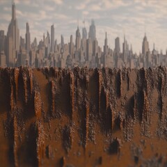 Poster - A futuristic cityscape visible over a rugged textured terrain