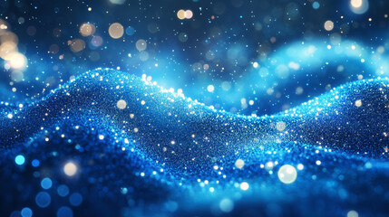 Poster - Abstract blue color digital particles wave with bokeh and light background