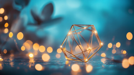 Fototapete - polygon abstract blue background is connected with small blurred bokeh particles around it.