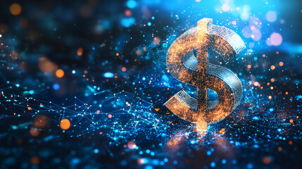 Poster - A glowing dollar sign surrounded by digital particles, geometric shapes, and light effects on a vibrant blue background, symbolizing finance and technology.