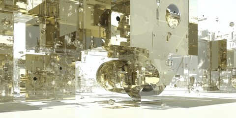 Poster - Abstract structure of reflective gold cubes and rounded spherical shapes