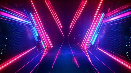 Leinwandbilder - Abstract Futuristic Neon Lights Corridor with Pink and Blue Glowing Lines and Grid Pattern