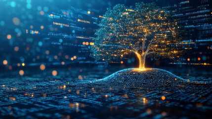 Fototapete - a glowing tree symbolizing artificial intelligence or the growth of digital technology data, with bi