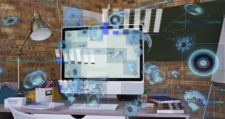 Poster - Computer screen with digital data processing animation over modern office desk