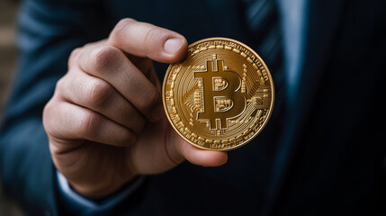 Poster - Businessman is holding a bitcoin as part of a business network, Cryptocurrency blockchain connection, Technology and financial investment background concept.