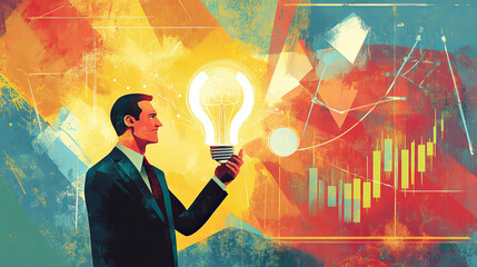 Poster - Businessman holding a bright light bulb stock investment graph world economic growth