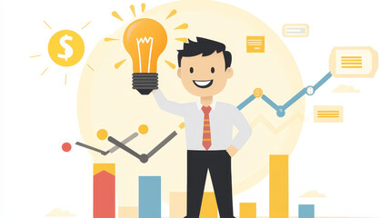 Poster - Businessman holding a bright light bulb stock investment graph world economic growth