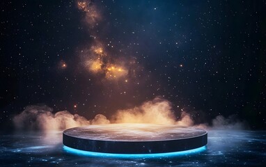Wall Mural - a celestial-themed podium floating in outer space, surrounded by glowing cosmic dust and distant sta