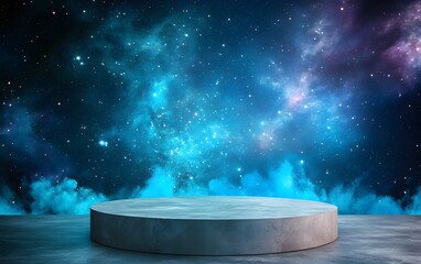 Wall Mural - a celestial-themed podium floating in outer space, surrounded by glowing cosmic dust and distant sta