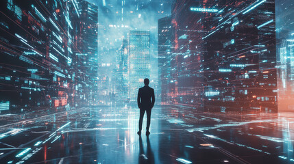 Poster - Double exposure of  Businessman showing the smart city of cyberspace and metaverse digital data of futuristic and technology, Internet and big data connection data analysis background concept