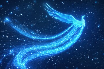 Canvas Print - a brilliant luminous bird flies against a starry dark blue sky