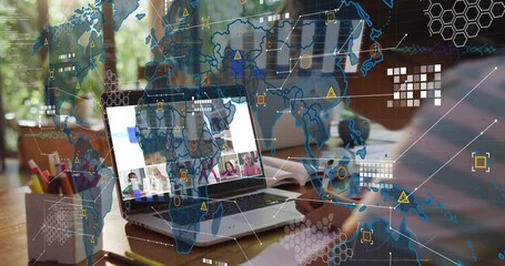 Poster - Digital world map and data processing animation over people in virtual meeting