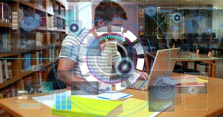 Poster - Student working on laptop in library with digital interface overlay animation
