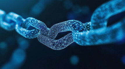 Poster - blockchain technology abstract concept. The polygons are connected in a chain of two pieces on the right on a dark blue background. Linking information on the Internet network.