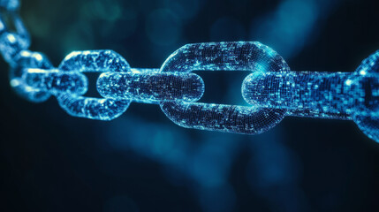 Poster - blockchain technology abstract concept. The polygons are connected in a chain of two pieces on the right on a dark blue background. Linking information on the Internet network.