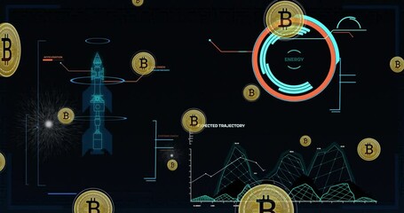 Poster - Rocket launch animation with Bitcoin symbols and energy data visualization