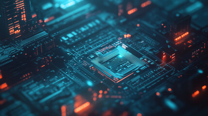 Poster - Abstract blue circuit board technology background, Close-up of a vibrant blue illuminated circuit board with futuristic technology design. 3d Rendering