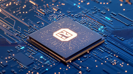 Poster - ai microchip embedded in an intricate blue circuit board, advanced artificial intelligence, futurist