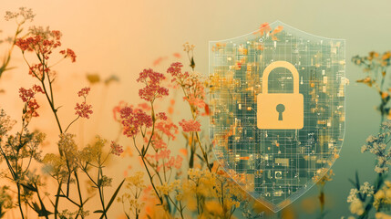 Poster - cyber security information protection technology background concept. the prominent shield on the rig