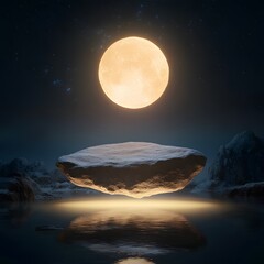 a floating rock 3d podium, hovering above a glowing mystical pool, bathed in magical moonlight