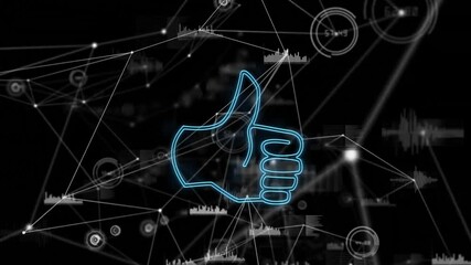 Poster - Animation of neon thumbs-up symbol with network connections and data visualization