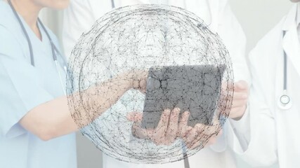 Poster - Using tablet with network animation overlay, healthcare professionals collaborating