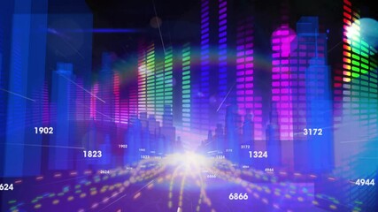Poster - colorful equalizer bars and numbers animation over cityscape with bright light
