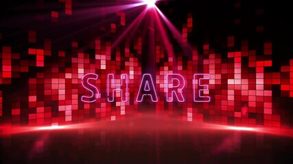 Poster - glowing neon share text with red digital squares and light beams animation
