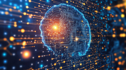 Poster - Artificial Intelligence AI On Circuit Board. Future Technology Concept Visualization. Big Data Transmission Connection. Technology Digital Data Network Abstract Background. 3d rendering