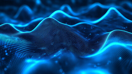 Poster - Digital blue color particles wave flow abstract background