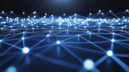 Poster - Abstract blue connected dots and lines with a blank space in the middle of a dark background. Connection structure. Big data visualization.