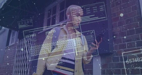 Poster - Using smartphone with animation of digital data, person in school environment