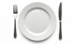 © Vadym - Empty white plate with fork and knife on white table. Restaurant table setting. Clean dining concept, food service. Cutlery, silverware, utensil for eating at home, cafe or restaurant.