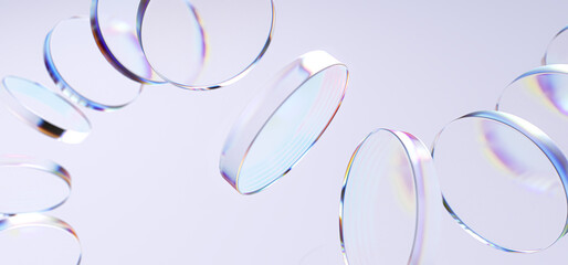 Poster - Transparent glass material discs levitation with a subtle rainbow iridescent caustic effect. 3d rendering abstract background