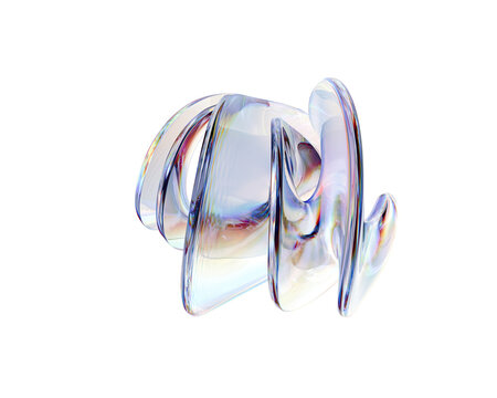 Abstract vibrant gradient colors organic shape. Translucent, iridescent liquid form on white background. Swirling, fluid wavy glass shape. Artistic 3d rendering design element