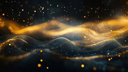 Poster - Abstract Black and Gold Color Digital Particles Wave With Bokeh Background