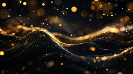 Poster - Abstract Black and Gold Color Digital Particles Wave With Bokeh Background