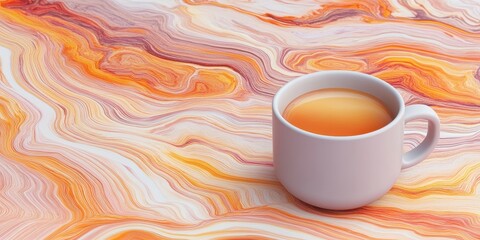 Poster - A full teacup sits upon a swirling colorful marbled surface