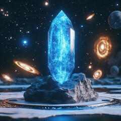 Canvas Print - a large glowing crystal sits on a rock in outer space