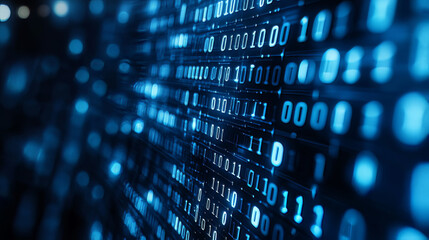 Poster - Cybersecurity data protection digital technology background has small fractal binary code with dark blue background.